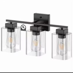 15.75 in 3-Light Matte Black Modern Vanity Light with Square Clear Glass Shade, Wall Lighting Fixtures for Bathroom