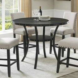 Brand New Counter Height 5pc Round Dining Set With Beige Linen Fabric Nail Studded Chairs