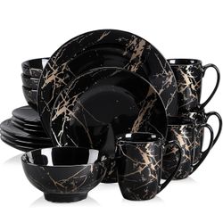LOVECASA Black Plates and Bowls Sets for 4, Porcelain Dinnerware Sets 16 Piece Gold Splash Glaze Ceramic Dish Set,
