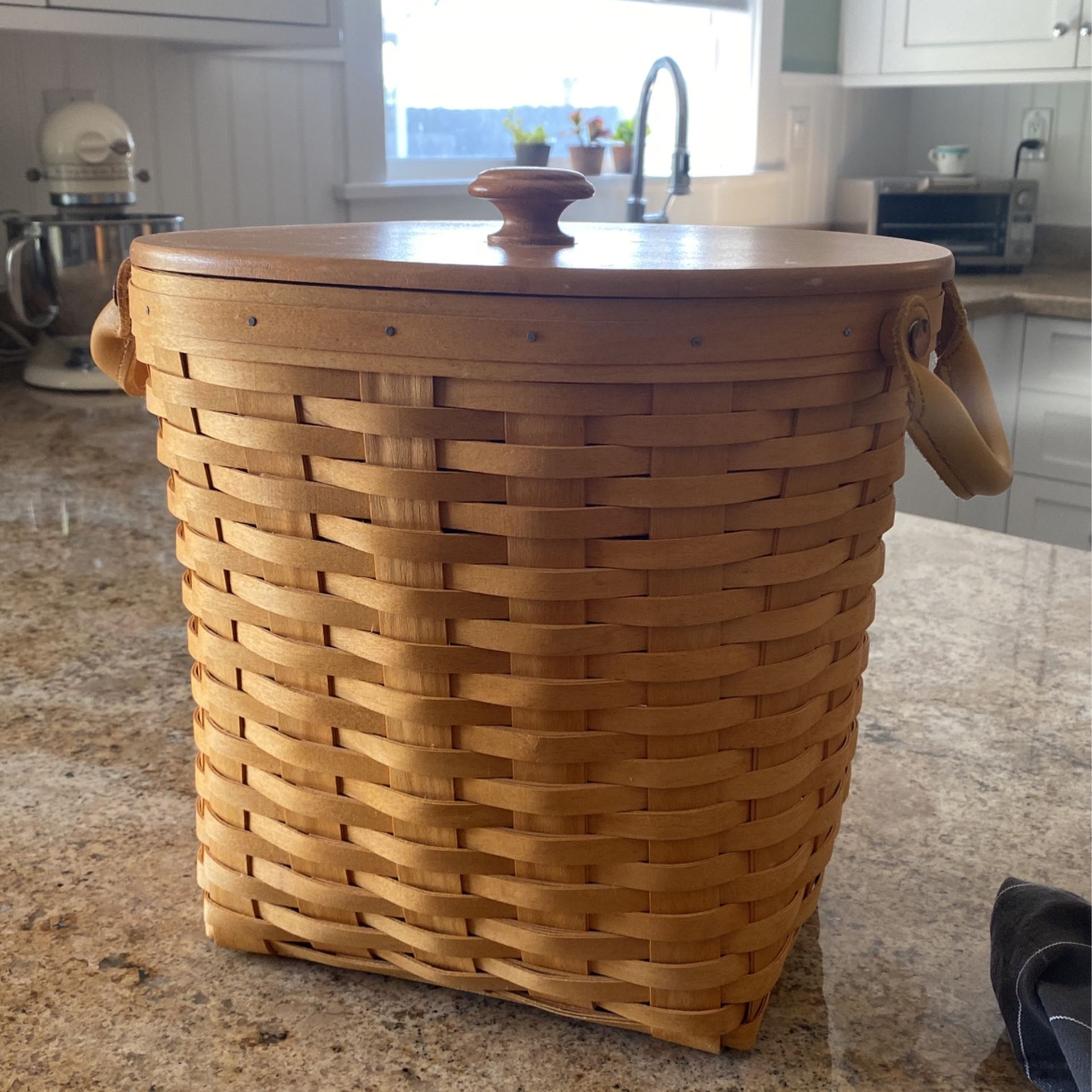 Longaberger “Small Waste Basket” With Wood Lid