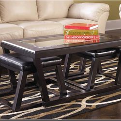 Coffee Table with 2 Upholstered Nesting Stools, Dark Brown