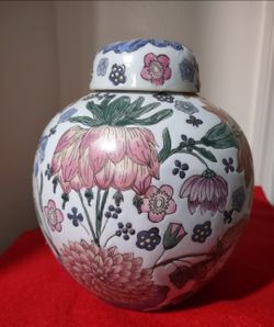 Vintage Grasshopper and Floral Ginger Jar w/ Lid ; 8 inches Tall.