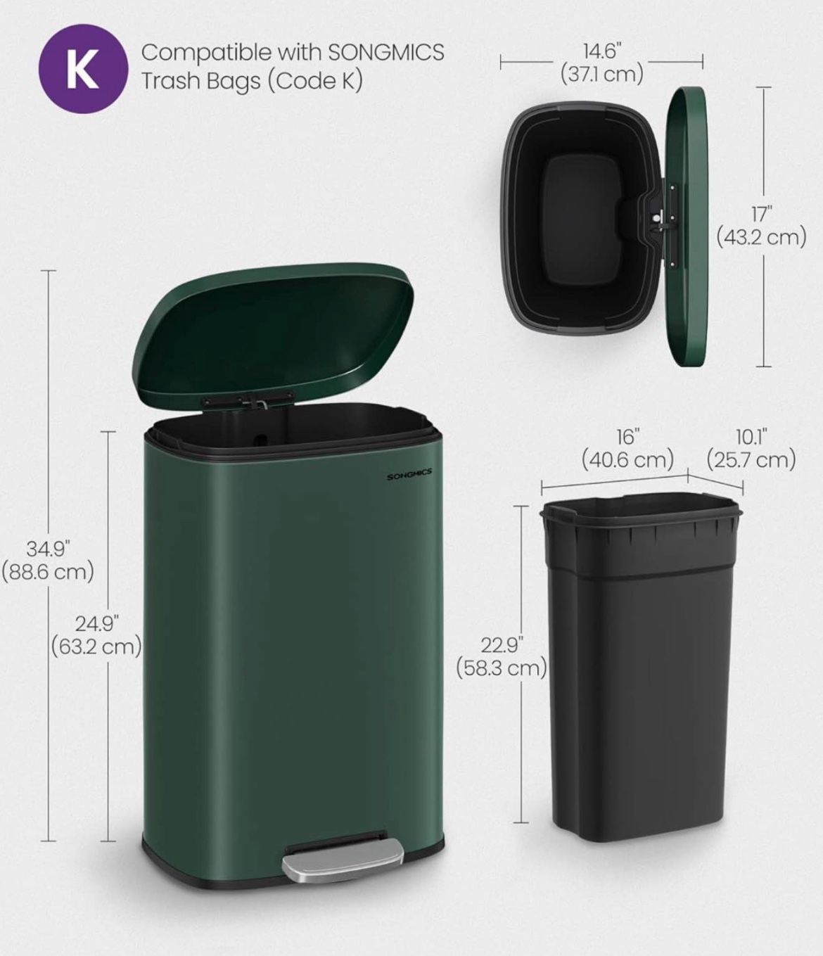 13 Gallon (50 L) Trash Can, Stainless Steel Kitchen Garbage Can, Recycling or Waste Bin, Soft Close, Step-On Pedal, Removable Inner Bucket