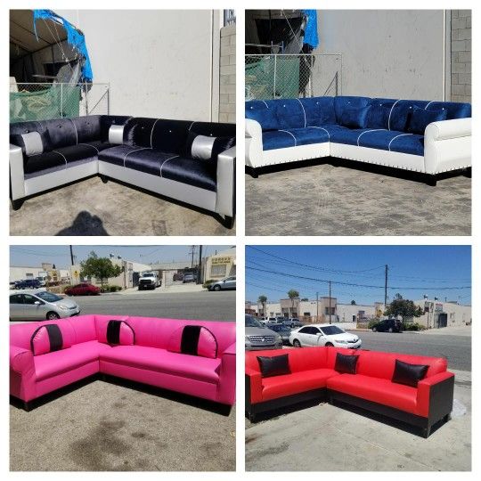 Brand New 7x9ft SECTIONAL COUCHES Made,  PINK, Red  Leather Combo ,Velvet BLACK, Velvet  NAVY FABRIC  COMBO  Sofas 2pcs