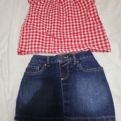 Toddler Red Checkered  Short Sleeve Shirt / Blue Denium Skirt With Built In Shorts 