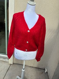 Red Cropped Knit Cardigan with Rhinestone Buttons