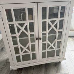 Pair of Modern White Lattice Accent Cabinets (Matched Set)