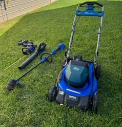 Kobalt mower, hedger, trimmer and leaf blower, 4 batteries, one 80v charger and one 40v charger
