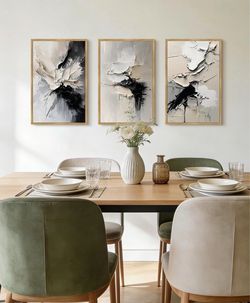 KUVIOKE Modern Navy Blue & Neutral Abstract Wall Decor NIB - 3 Pc Set 16x24 Light Wood Frames
