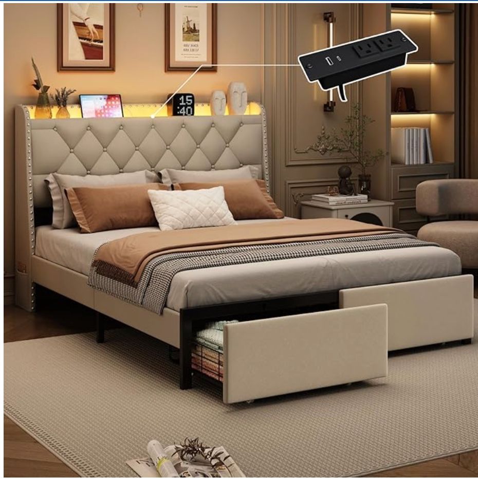 Queen Bed Frame With Storage Headboard, LED Lights And 2 Drawers. Beige 