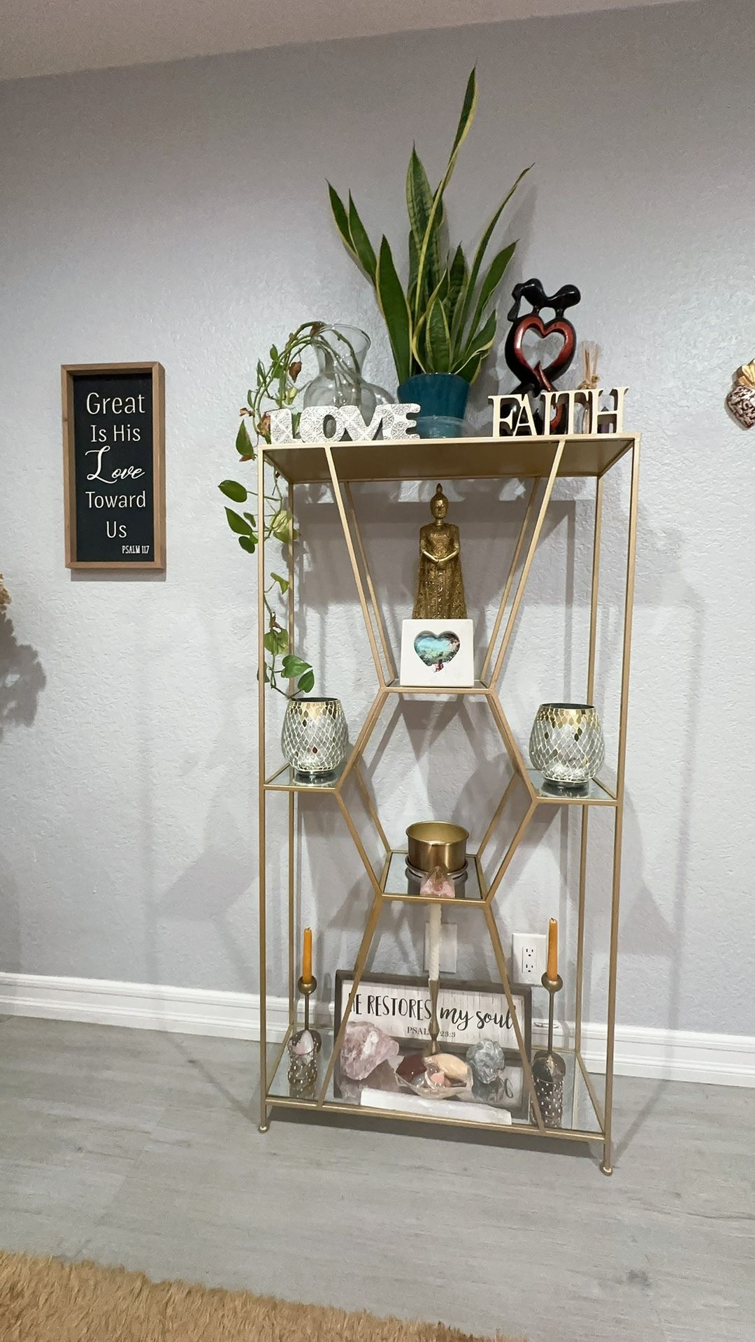 Gold open shelf bookcase/decor