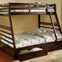 Brand New Espresso Twin Over Full Bunk Bed w Trundle Drawers 