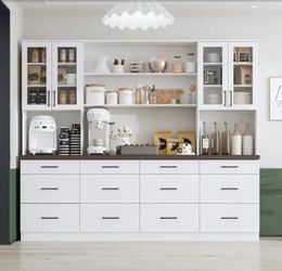 White Wood 94.5 in. W x 82.7 in. H Food Pantry Cabinet W/ 12-Drawer, 6-Open Shelve, Walnut Color Thickened Tabletop