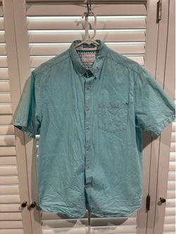 Turquoise Denim & Flower Slim Fit Short Sleeve Collared Button Up Shirt