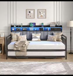 Twin size sofa bed frame with rgb lights & charging station,pull point day bed with storage headboard,no box spring needed for living room or bedroom