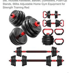 Kripryery 66lb 4-in-1 Adjustable Dumbbell Barbell tKettlebell Push-Up Set Red