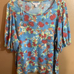 Lauren Conrad Blue Floral Puff-Sleeve Women's Top - XXL