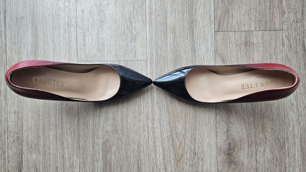 COLETER  Ombre Patent Leather Pointed Toe Pumps Red-to-Black Gradient Stilettos 