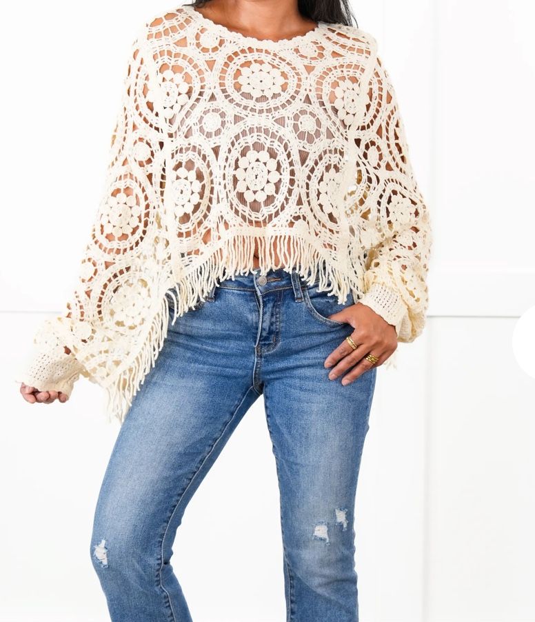 Camille Crochet Midriff Top With Oversized Sleeves