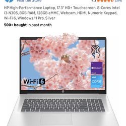 New HP High-Performance Laptop, 17.3" HD+ Touchscreen, 8-Cores Intel i3-N305, 8GB RAM, 128GB eMMC, Webcam, HDMI, Numeric Keypad, Wi-Fi 6, Windows 11 P