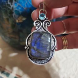 Silver Pendant With Natural Labradorite And Topaz