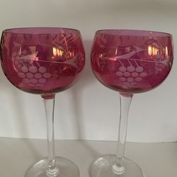 Vtg. Ruby Red Cut To Clear Wine Glasses