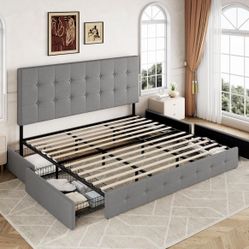 King Size Platform Bed Frame with 4 Storage Drawers and Headboard, Square Stitched Button Tufted, Mattress Foundation with Wooden Slats Support, No Bo