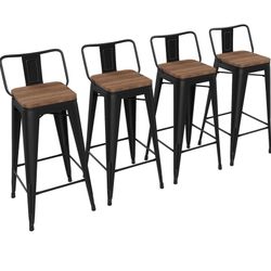 Bar Stools Set of 4 Counter Height Bar Stools Metal Barstools with Removable Back 30" Kitchen Bar Stools with Wooden Seat, Black