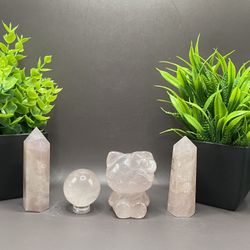 Natural Rose Quartz Hand Carved Sphere 60 G 50 Mm, Hello Kitty 152 G 3 Inches, Tower 71 G 3.7 Inches, Tower 67 G 3.6 Inches