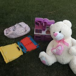 A Very Nice Teddy Bear With A Nice Bag, A Little House, An Armoire With A Few Toys (NO SHIPPING)