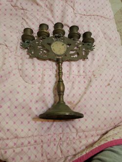 ANTIQUE Highly unusual brass Judea Sabbath candelabra with pierced jade medallion in the center.