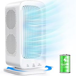 Small Tower Fans 90° Oscillating Standing Fan 12000mAh Battery Operated Portable Desk Fan, 11'' Quiet Bladeless Fan Home Office Table Fan with Dual Co