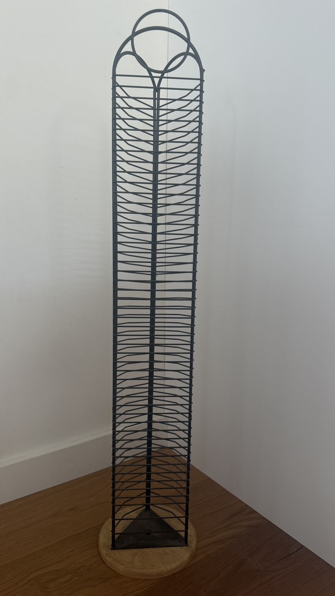 Vintage Metal Wire CD Tower Rack – 36” Tall, Sturdy Storage with Wooden Base