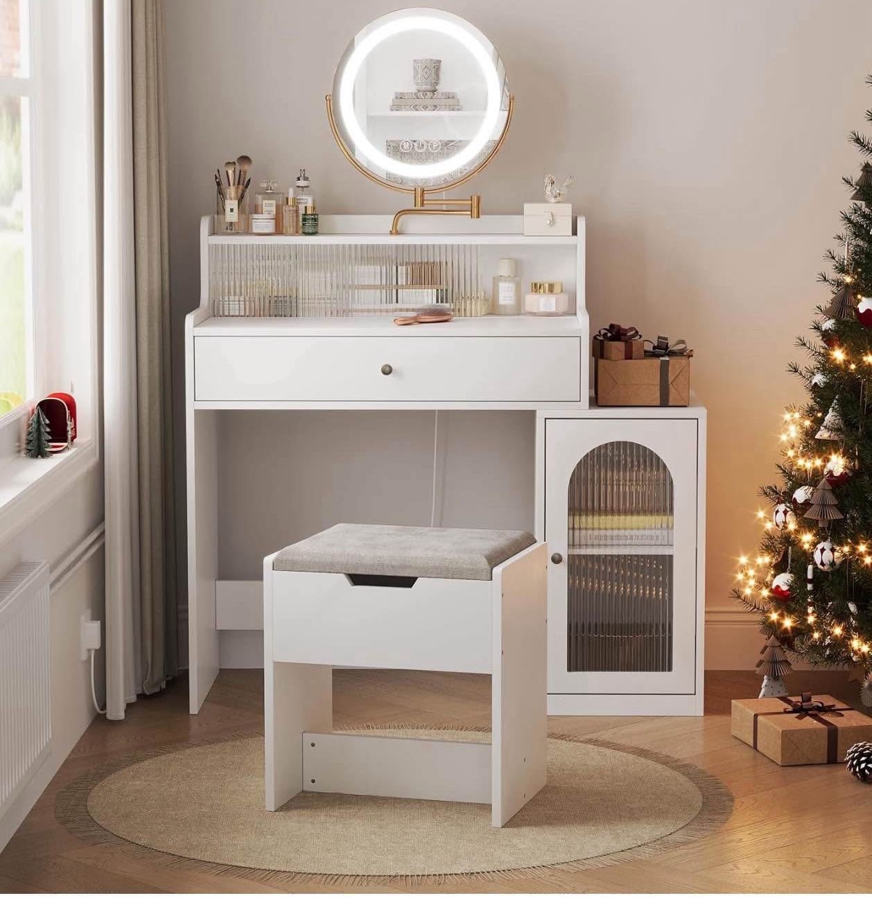 Vanity, Makeup Vanity Desk with Rotatable Mirror and Lights, White Make Up Vanity Table with 3 Adjustable Lighted and Chair, Makeu