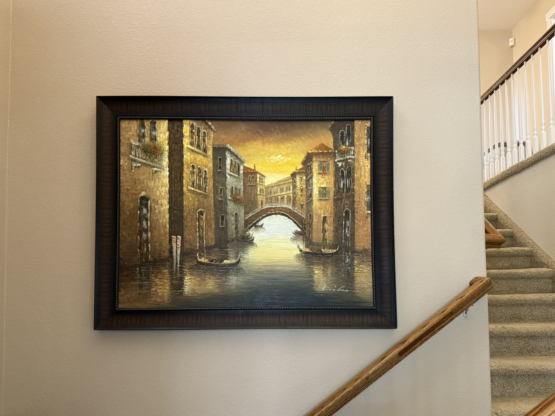 Large Venice Canal in Italy Oil Painting - 30x40 Canvas Art in 4" Dark Wood Gallery-Quality Frame