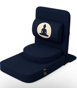 Friends Of Meditation 4-in-1 Folding Buddha Chair – Ergonomic Yoga Seat with Half-Moon Zafu, Detachable Lumbar Support & Carry Case – Navy Blue