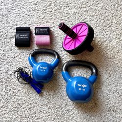 2 Kettlebells (15 & 25lbs), Ab Roller, Bands & Jump Rope 