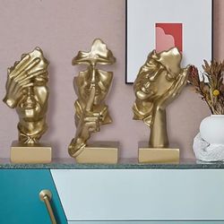 3 Piece golden silence thinker statue