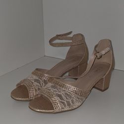 Champagne Lace Block-Heel Sandals