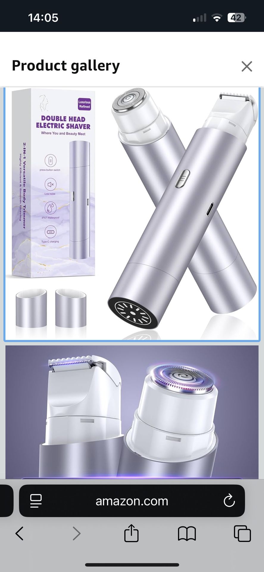 Bikini Trimmer for Women, Dual Head Face Shaver Body Hair Trimmmer, IPX7 Waterproof Womens Electric Razor for Legs, Purple