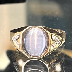 14k Yellow Gold Grey Tiger Eye & Diamond Mens Signet Ring