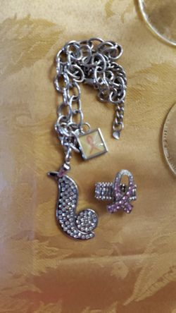 Breast Cancer Awarness Necklace and stretch ring
