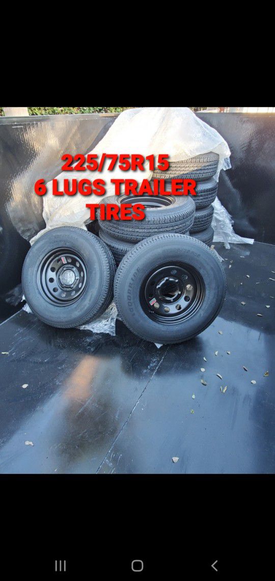 EACH FOR SALE TRAILER TIRE 225 75R15 6 LUGS RADIAL ESPECIAL FOR TRAILER ONLY FOR ANY QUESTION TEXT ME PLEASE SE HABLA ESPAÑOL THANKS