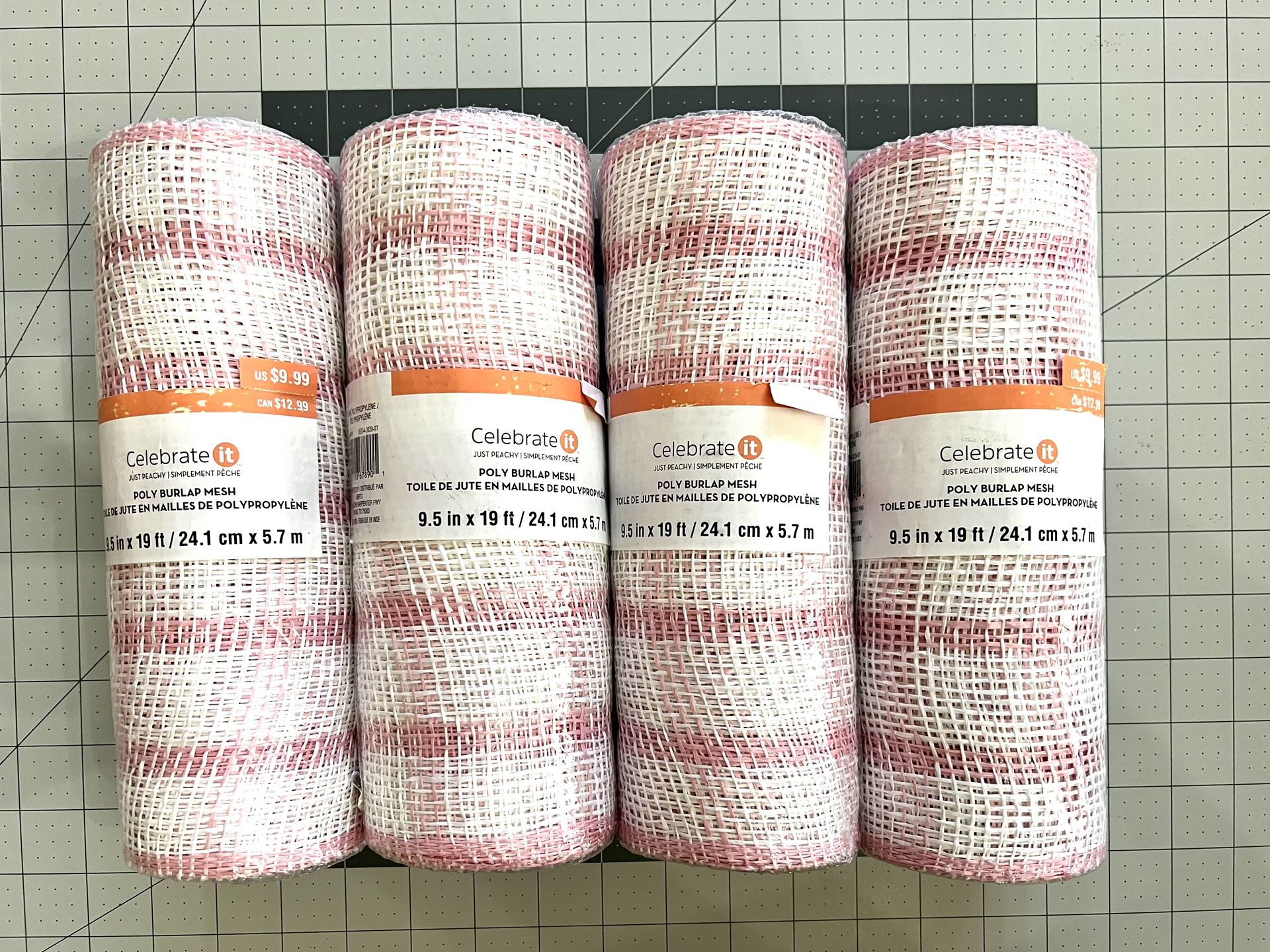 4 Rolls Of 9.5in X 19ft Poly Burlap Mesh Pink&White