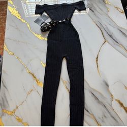 Black Off-Shoulder Belted Jumpsuit