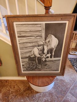 Rustic wood framed Western Cowboy Horse art signed print drawing 11/ 350 by E. Partick Hollock