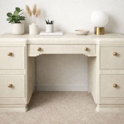 Soft Linen Vintage Desk — Refinished, 5‑Drawer, Brass Accents