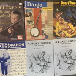 New Music Lesson Books -fiddle - Banjo- Bass Guitar - Drums - $5 Each 