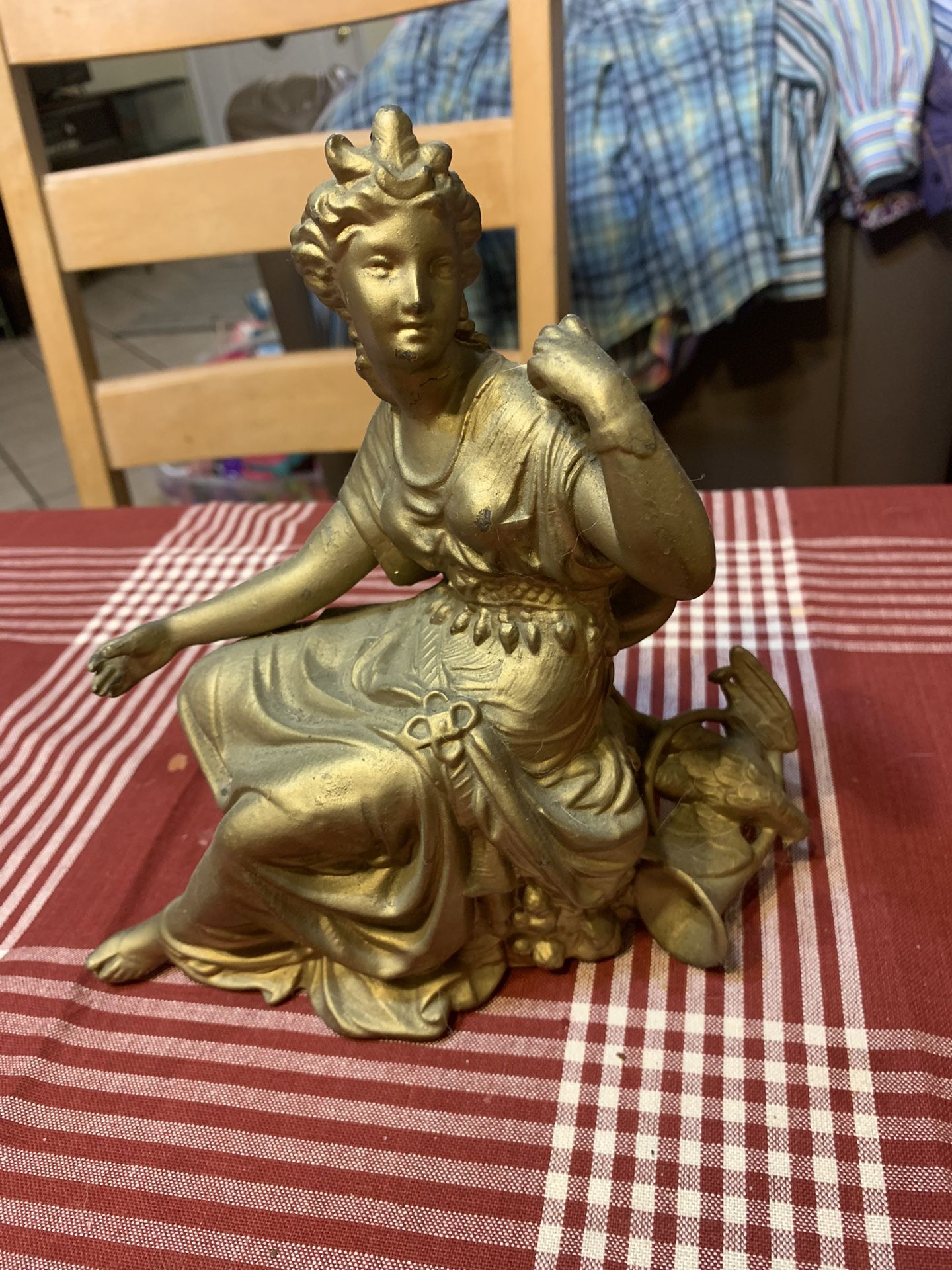 Antique Classic Gilted Metal Portrait Sculpture, Grecian Woman with horn and pheasant, Circa 1890 Ansonia Clock Topper