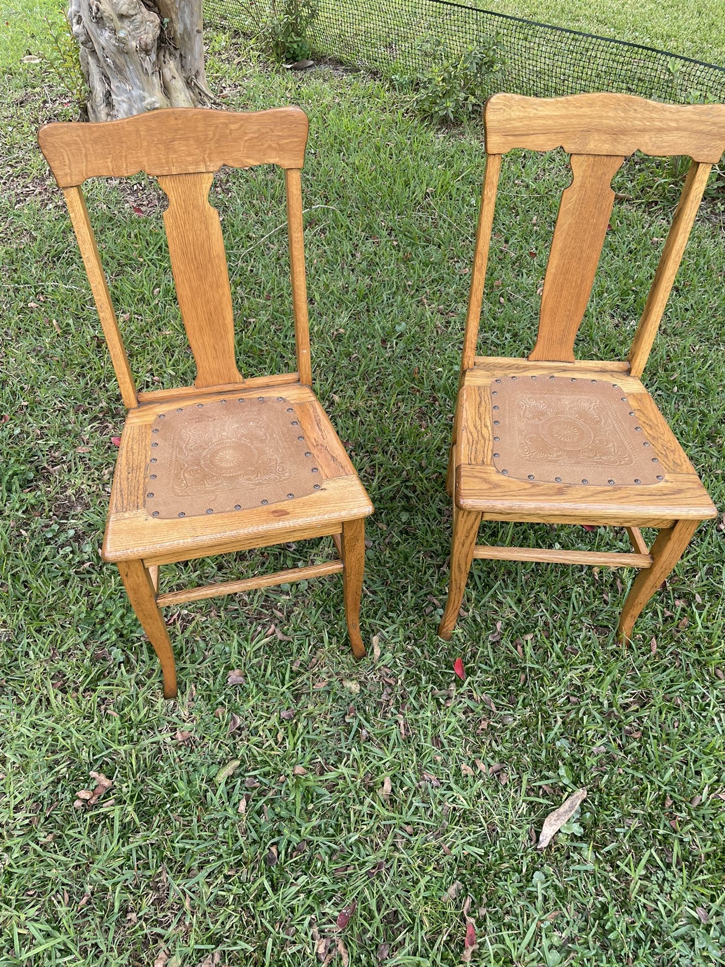 Two Antique Oak Chairs With Leather Seat